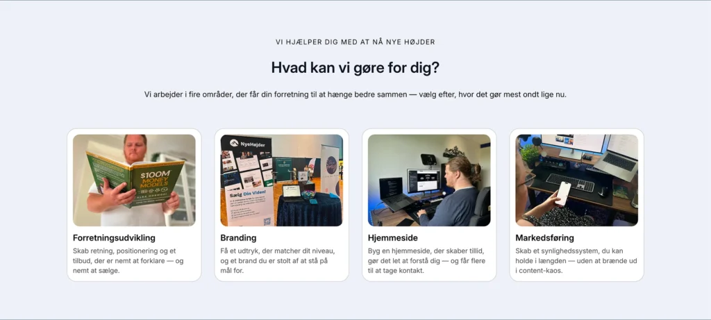 Screenshot af Tjenester-siden med de fire servicekort.