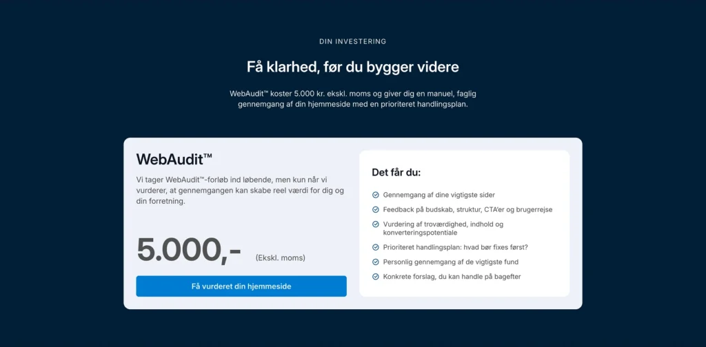 WebAudit-siden fungerer som en konkret og afgrænset indgang til NyeHøjder. Det taler for, at WebAudit bør behandles som et selvstændigt hovedpunkt i navigationen.