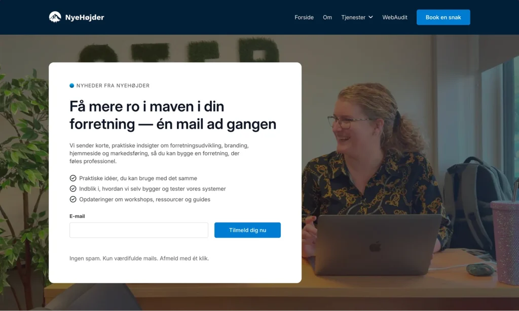 Screenshot af Nyhedsbrev-siden med overskriften “Få mere ro i maven i din forretning — én mail ad gangen”.