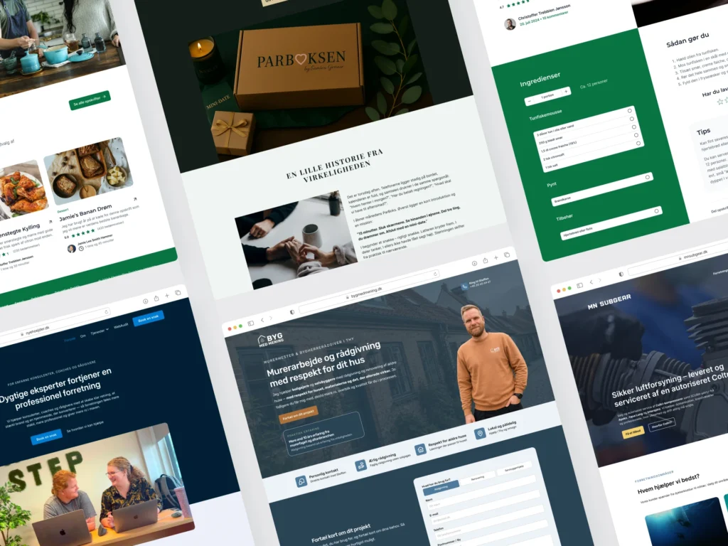 Collage med små udsnit fra Figma, sitemap, brandarbejde, hjemmesideudsnit.