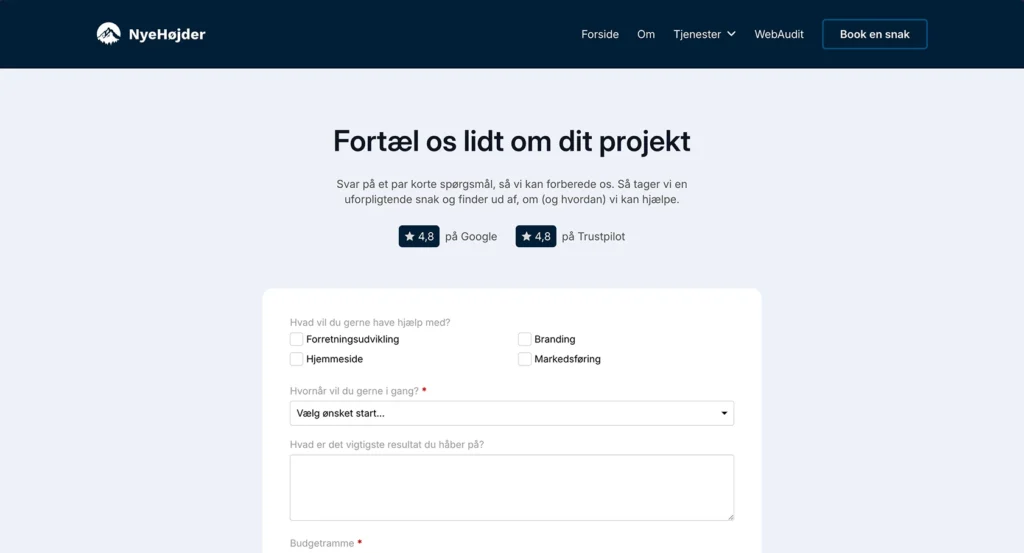Screenshot af “Book møde”-siden med overskriften “Fortæl os lidt om dit projekt”.