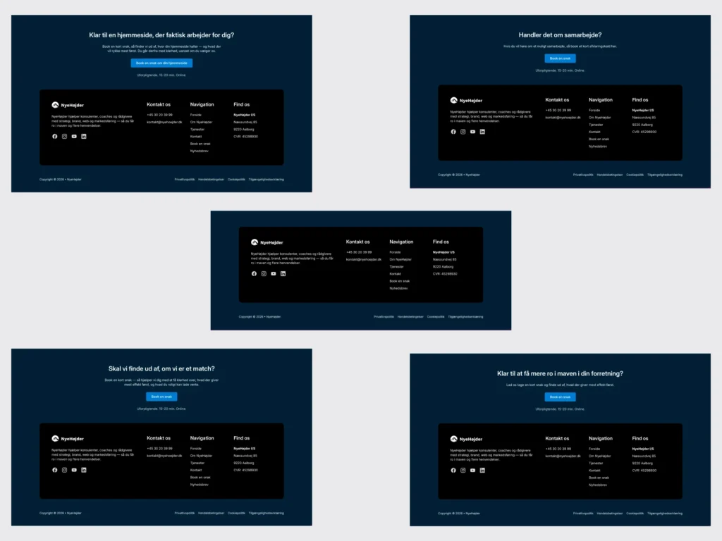 Sammenligning af footer med standard CTA, tjenesteside-CTA, kontakt-CTA og variant uden CTA