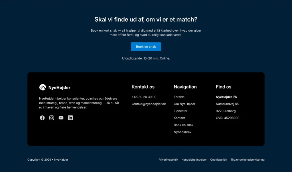 Om-sidens relationsbaserede CTA før footer