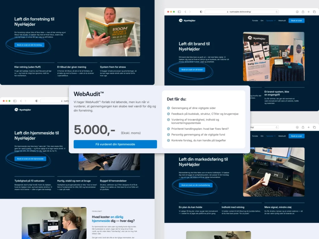 Screenshot-collage af forskellige CTA’er på hjemmesiden: “Book en snak om din hjemmeside”, “...markedsføring, forretning og (dit) brand", “Få vurderet din hjemmeside”.