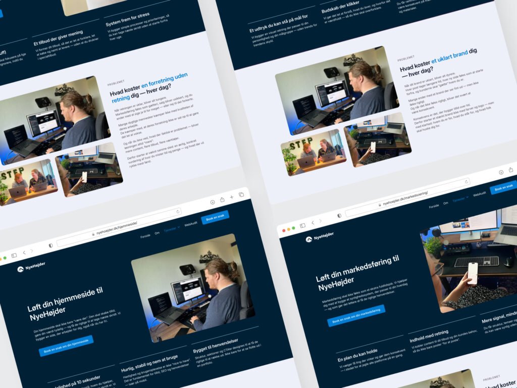 Collage med screenshots af de fire servicesiders hero-sektioner, så man kan se lighederne og forskellene.