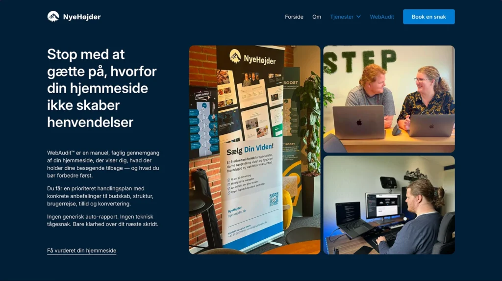 Screenshot af WebAudit-sidens hero med overskriften “Stop med at gætte på hvorfor din hjemmeside ikke skaber henvendelser”.