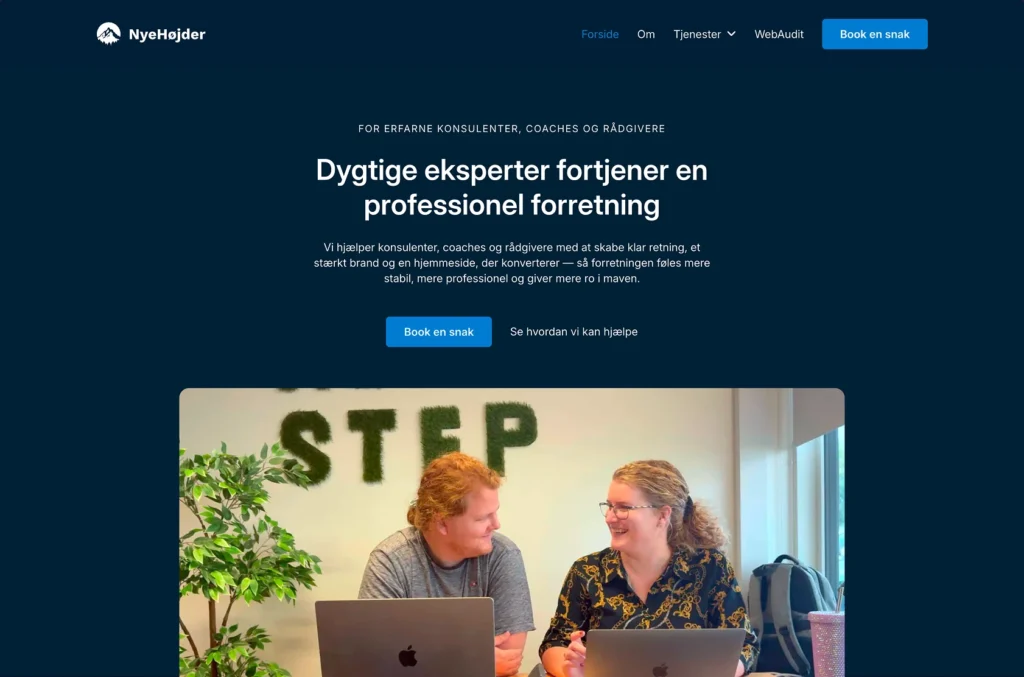 Screenshot af forsiden over folden med overskriften “Dygtige eksperter fortjener en professionel forretning”.
