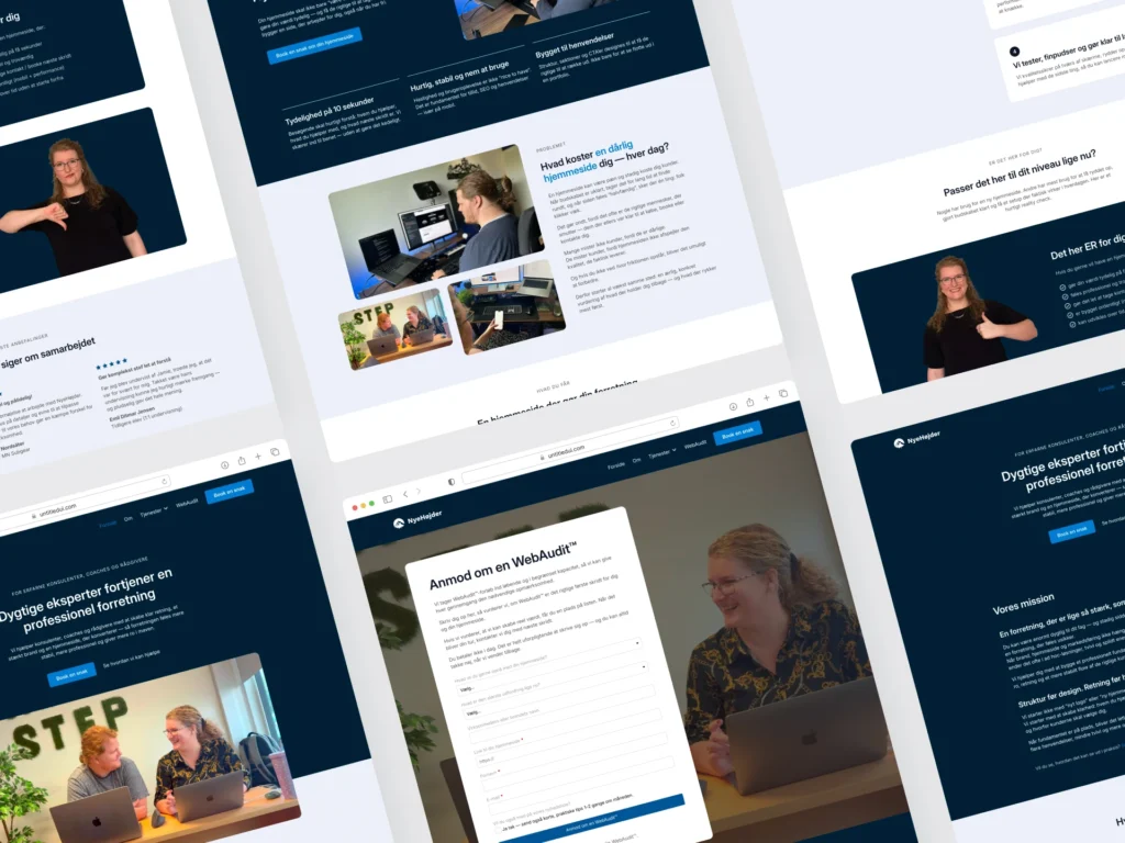 Collage med screenshots af forskellige indholdssektioner fra forsiden, WebAudit-siden og de fire servicesider. Fokus på hvordan flere gode budskaber peger i samme retning, men med lidt forskellige vinkler.