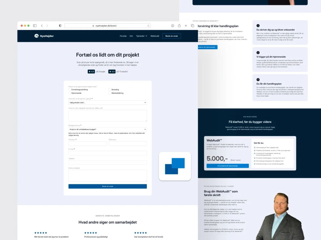 Formular fra WebAudit- eller kontaktside, hvor submit-knappen sammenlignes med den normale “Book en snak”-knap