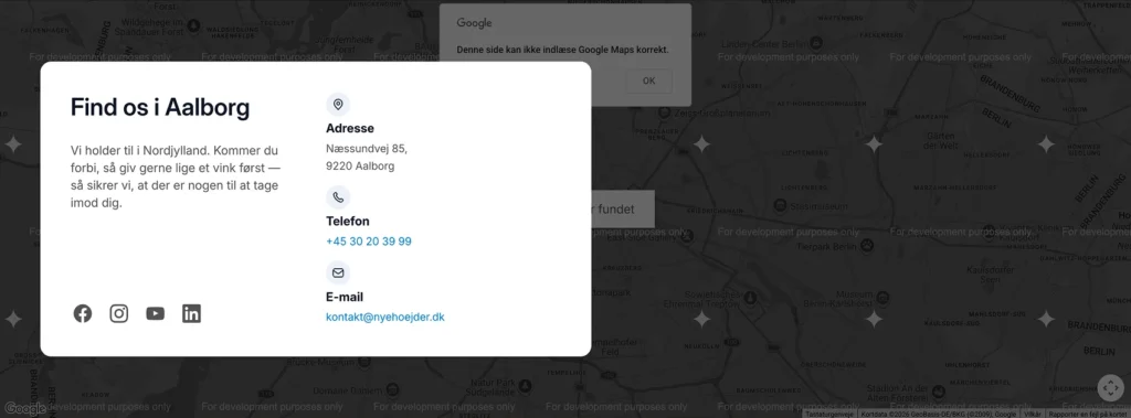 Kontaktsidens kortsektion med Google Maps-fejlen