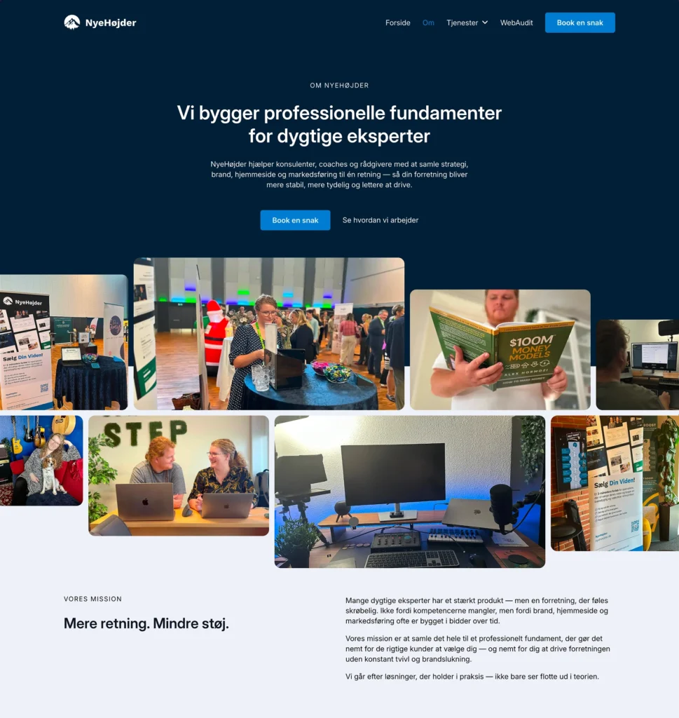 Screenshot af Om-siden med hero, billeder og sektionen om fundamenter.