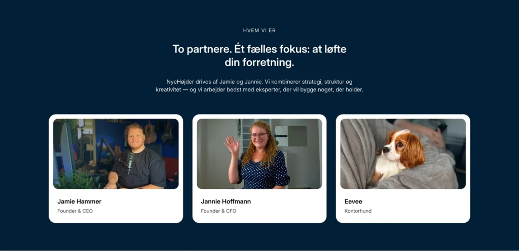 Team-sektion med Jamie, Jannie og Eevee