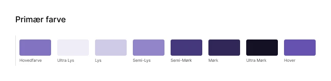 Simpel farvepalette med primær lilla, lys lavendel/creme, mørk tekst og rolig blå som støttefarve.