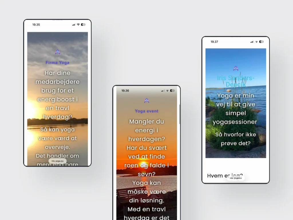 Mobil-screenshots af hero-sektionerne på firmayoga, privat yoga og events