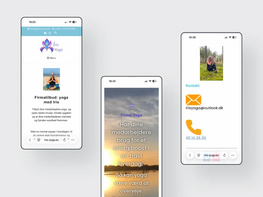 Mobil-screenshots fra forsiden, firmayoga, privat yoga, events, om Iris og kontakt