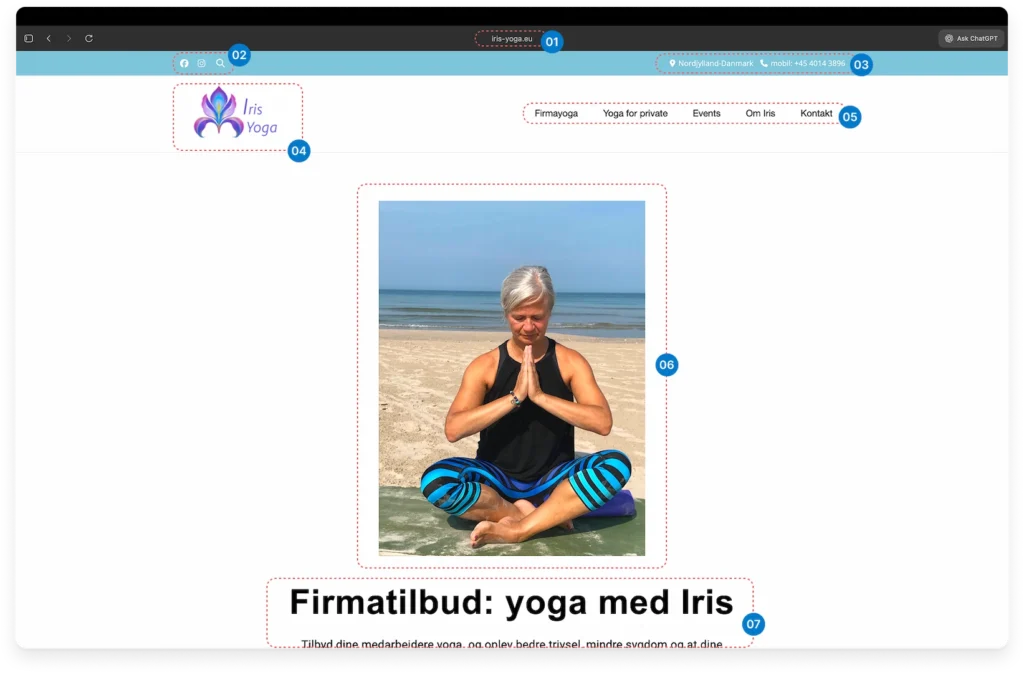 Screenshot af den nuværende above-the-fold sektion med nummermarkeringer
