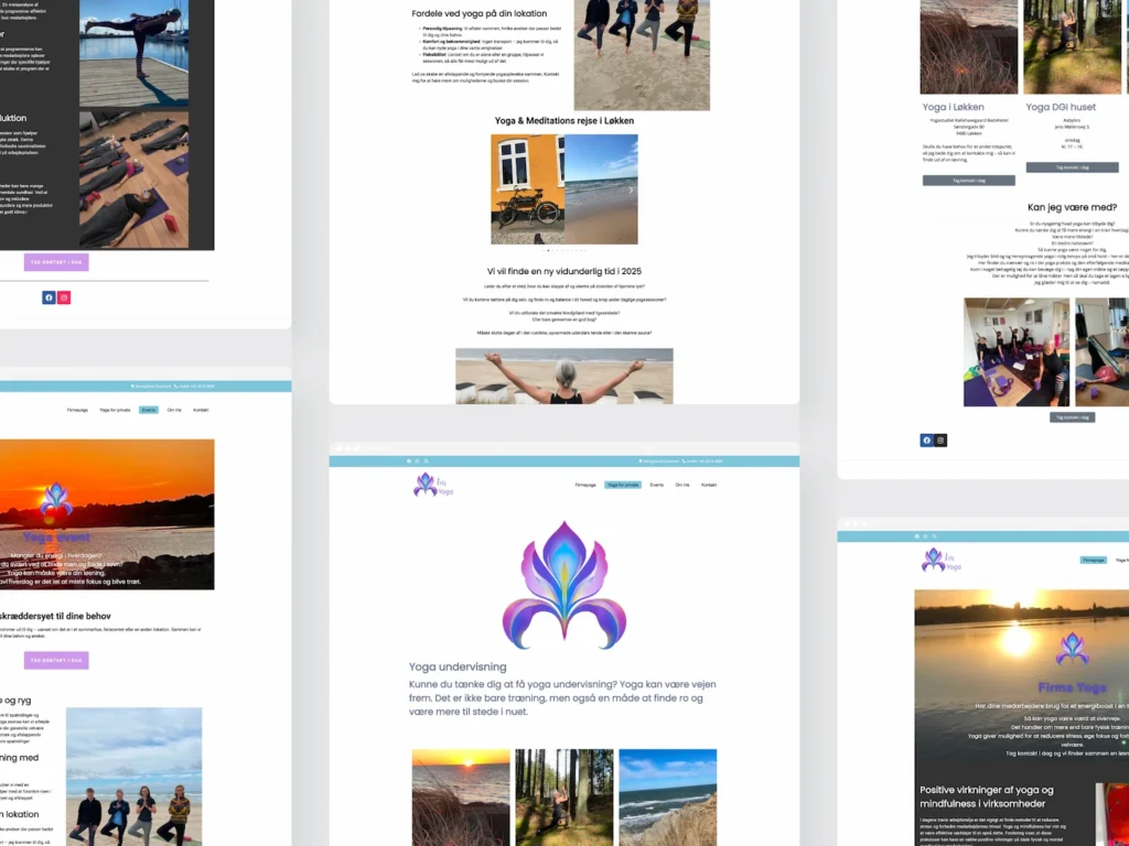 Screenshot-collage af firmayoga, privat yoga og events.