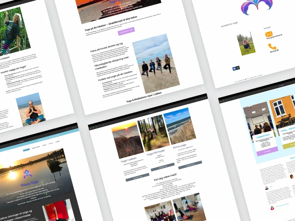 Collage med screenshots fra forside, firmayoga, privat yoga, events, om Iris og kontakt.